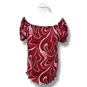 Blue Diamond Women’s Short Sleeve Off Shoulder Blouse, Red Marble, size L